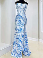Pink Floral Print Corset Bodice Satin Strapless Prom Dress with Slit