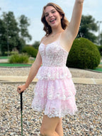 Pink Spaghetti Straps Lace Appliques Ruffle Short Homecoming Dress