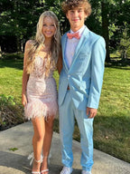 Pink Spaghetti Straps V Neck Lace Homecoming Dress with Feather