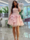 Pink Strapless A-Line Empire-Waist with Bows Pleated Short Homecoming Dress