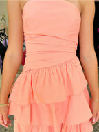 Pink Strapless A Line Tiered Ruffle Satin Short Homecoming Dress