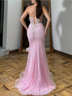 Pink Strapless Crystal Corset Long Prom Dress with High Slit