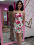 Pink Strapless Scoop Neck Print Floral Homecoming Dress with Slit