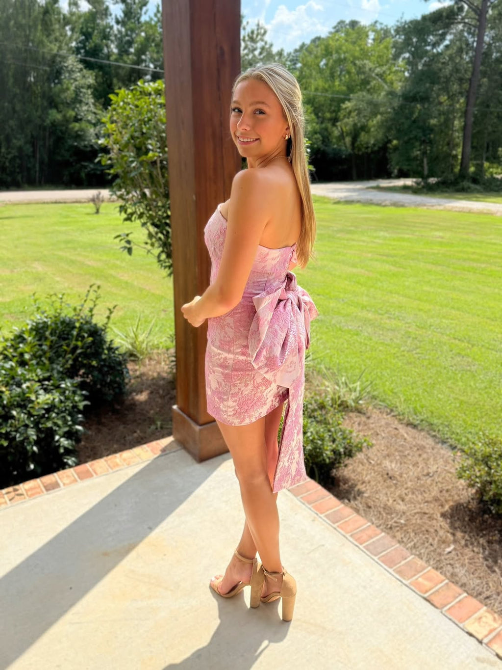 Pink Strapless Tight Homecoming Dress with Back Bow