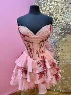 Pink Sweetheart Strapless A-Line Tiered Homecoming Dress
