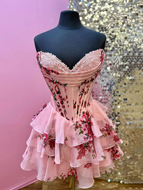 Pink Sweetheart Strapless A-Line Tiered Homecoming Dress