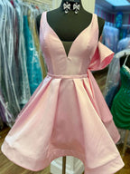 Pink V-Neck A Line Short Satin Homecoming Dress with Back Bow
