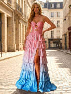 Rosa gestuftes Rüschen Cut-Out Mieder Ballkleid mit Schlitz