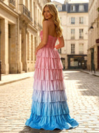 Rosa gestuftes Rüschen Cut-Out Mieder Ballkleid mit Schlitz