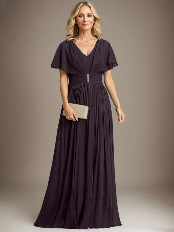 A-Linien V-Ausschnitt Bodenlanges Chiffon Brautmutterkleid mit Kristallbrosche und Plisseefalten