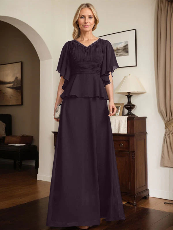 A-Linien Chiffon-Mutter-der-Braut-Kleid mit V-Ausschnitt, bodenlang, plissierte Perlenverzierung