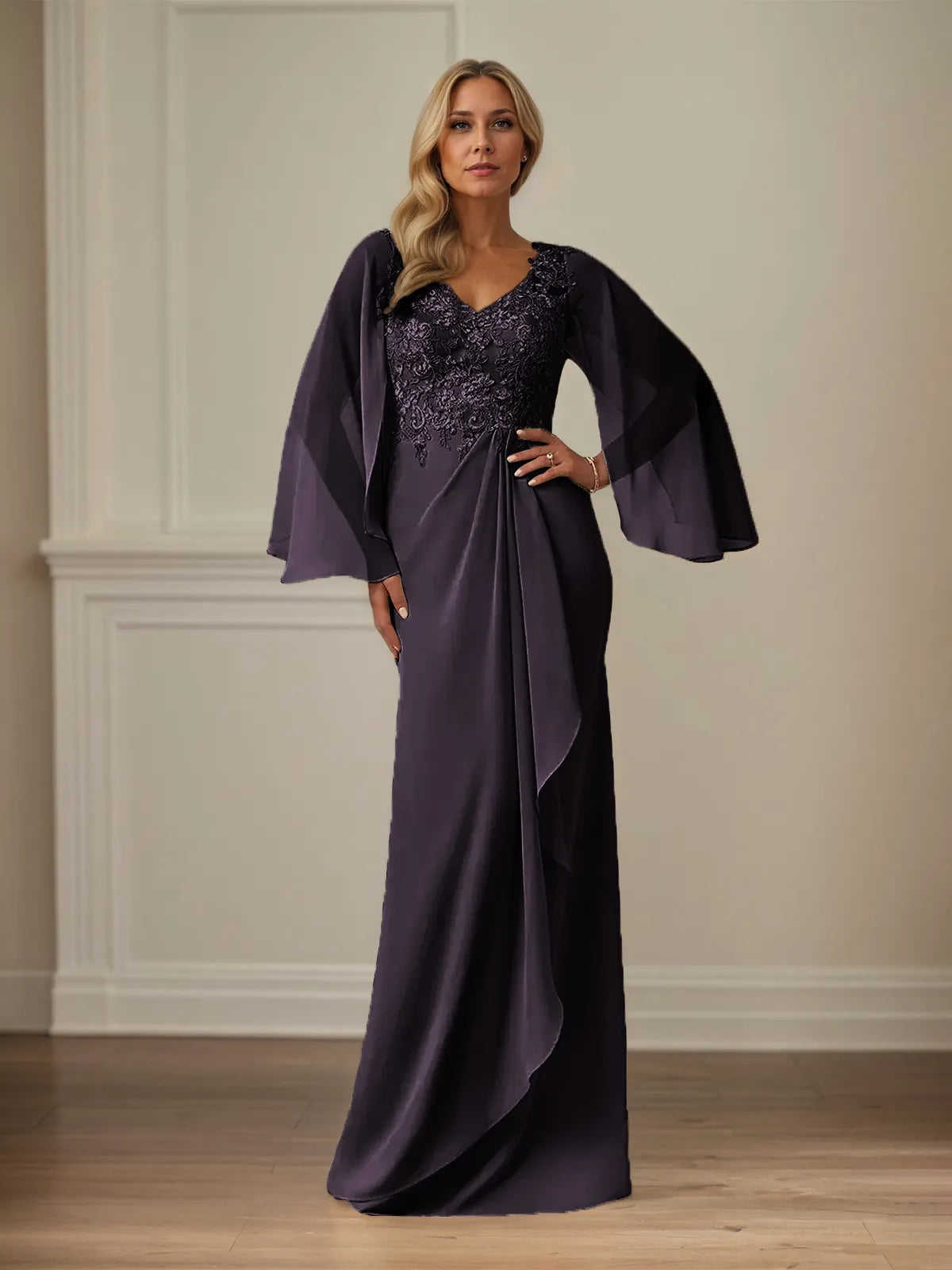 Etui/Kolumnen Chiffon V-Ausschnitt Langarm Bodenlanges Brautmutterkleid mit Applikationen