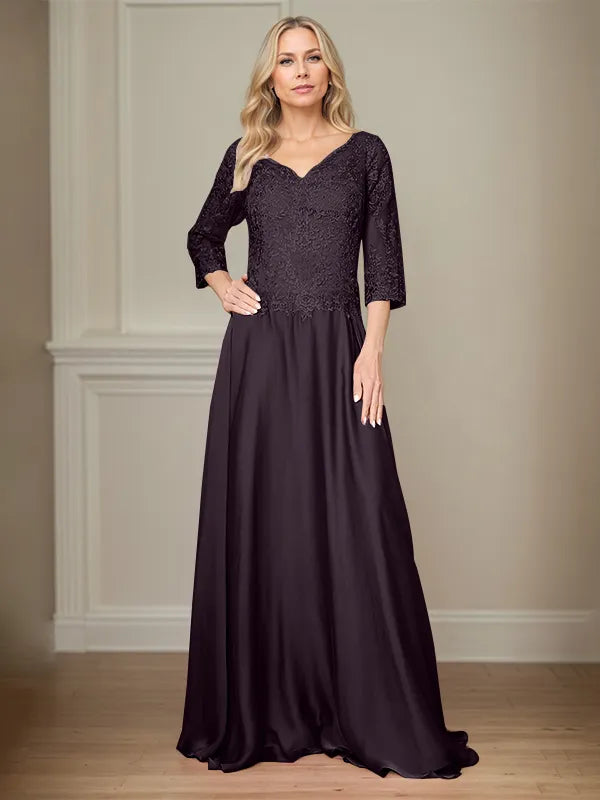 A Line Chiffon V Neck 3/4 Sleeves Floor-Length Mother Of The Bride Dress With Appliques