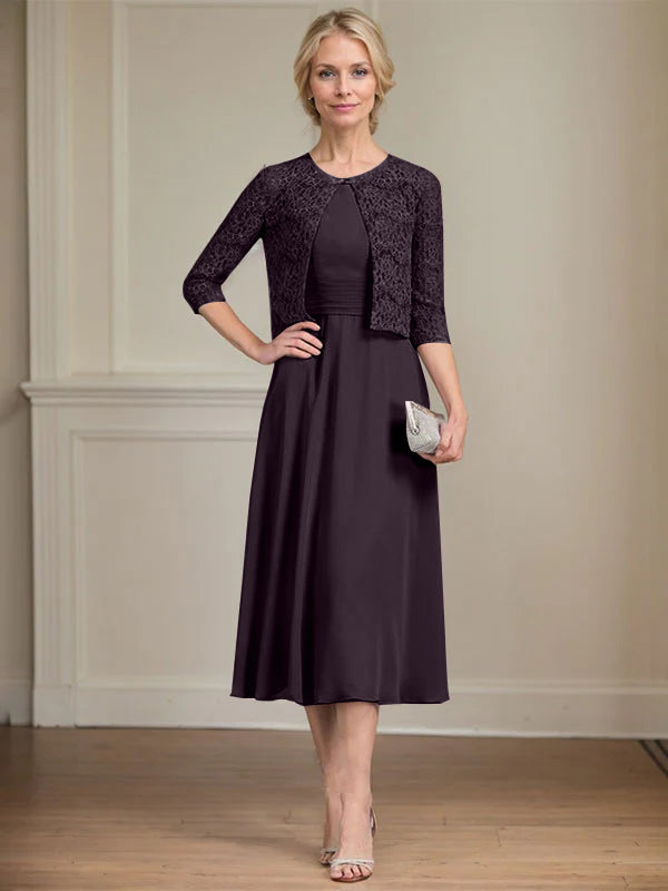 A-Linien Rundhals Tee-Länge Chiffon Kleid für die Mutter der Braut mit Falten
