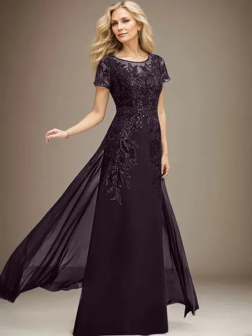 Etui/Säulen Rundhals Illusionsbodenlanges Spitzen-Chiffonkleid für die Brautmutter mit Pailletten