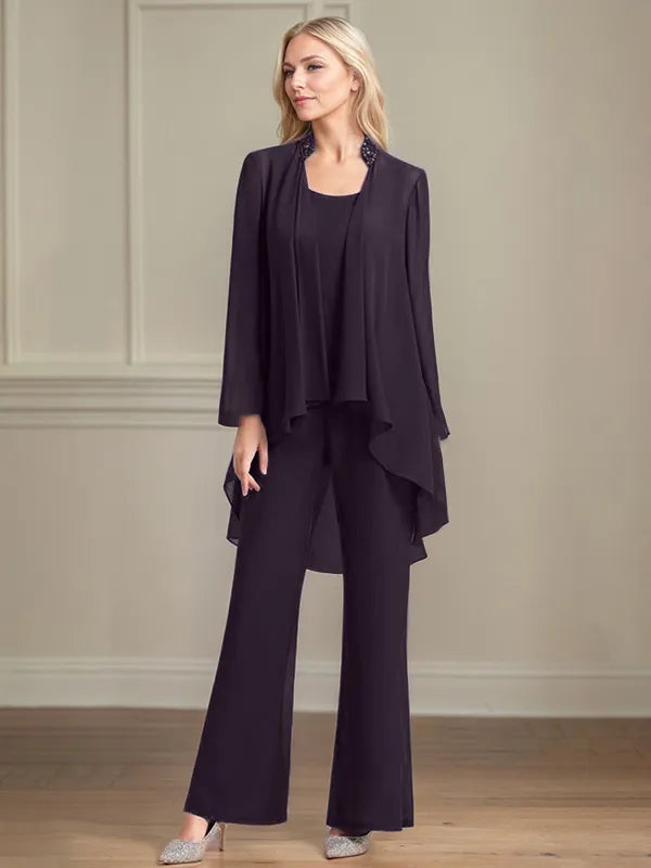 Chiffon Kleid mit Rundhalsausschnitt, langen Ärmeln, bodenlang, Hosenanzug für die Brautmutter