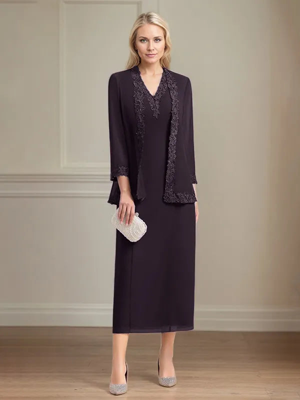 Etui/Column Chiffon V-Ausschnitt 3/4 Ärmel Tea-Length Kleid für die Mutter der Braut