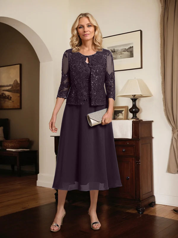 A-Linien Spitzen-Chiffon-Brautmutterkleid mit V-Ausschnitt, tea-length, mit Pailletten