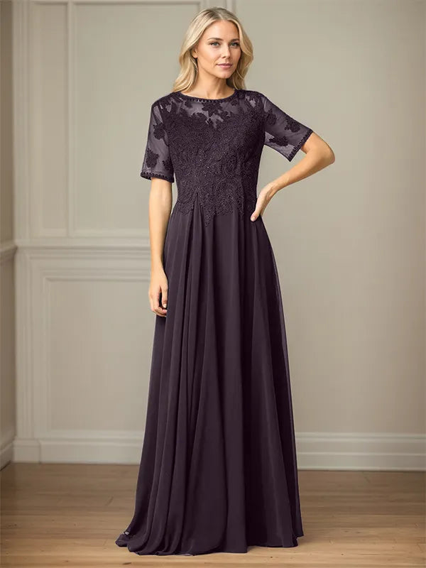 A Line Chiffon Scoop Neck Short Sleeves Floor Length Mother of the Bride Dresses