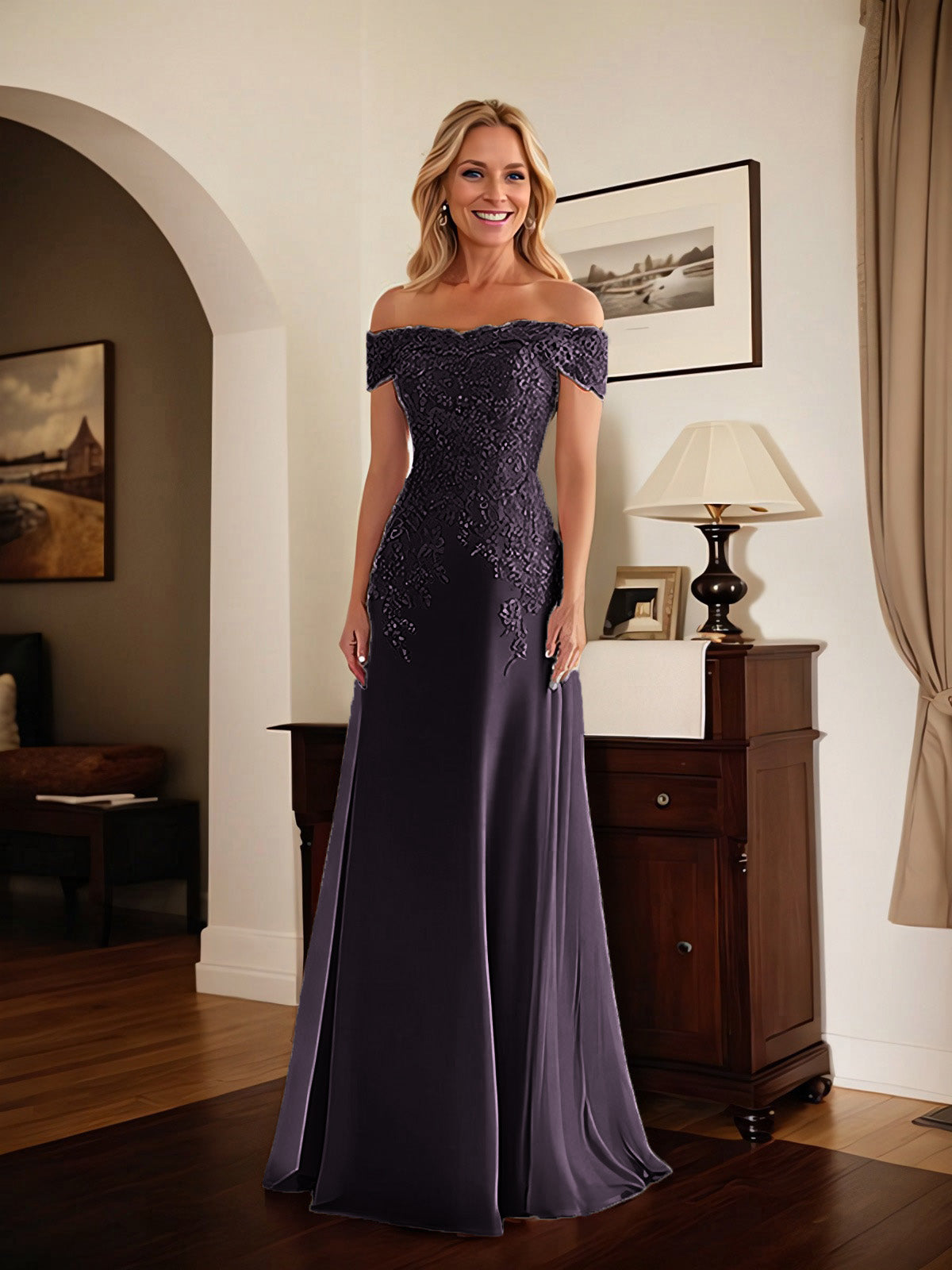 Elegantes taupefarbenes schulterfreies Etuikleid Mutter der Braut Kleid mit Spitze