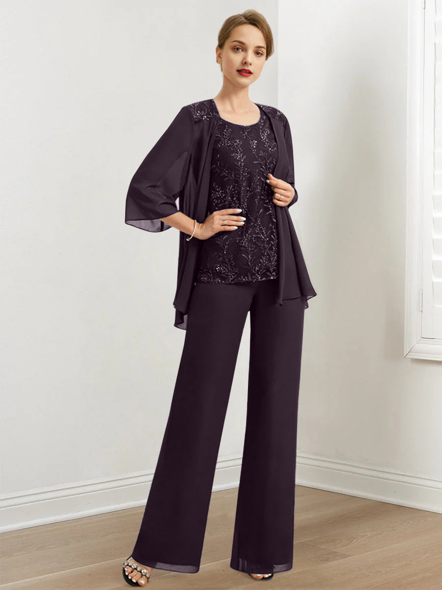Chiffon Hosenanzüge für die Brautmutter mit Pailletten und Jacke