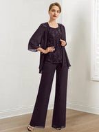 Chiffon Hosenanzüge für die Brautmutter mit Pailletten und Jacke