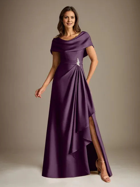 A-Linien-Kleid mit Rundhalsausschnitt, bodenlang, aus Stretch-Satin, Brautmutterkleid mit fallenden Rüschen