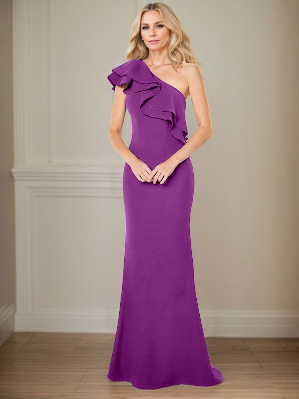 Abito da madre della sposa a linea A in chiffon con una spalla, lunghezza fino a terra e volant