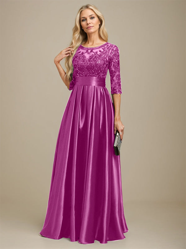 A-Linien Ausschnitt Illusions bodenlanges Stretch-Satin-Spitzenkleid für die Brautmutter mit Schleife und Pailletten