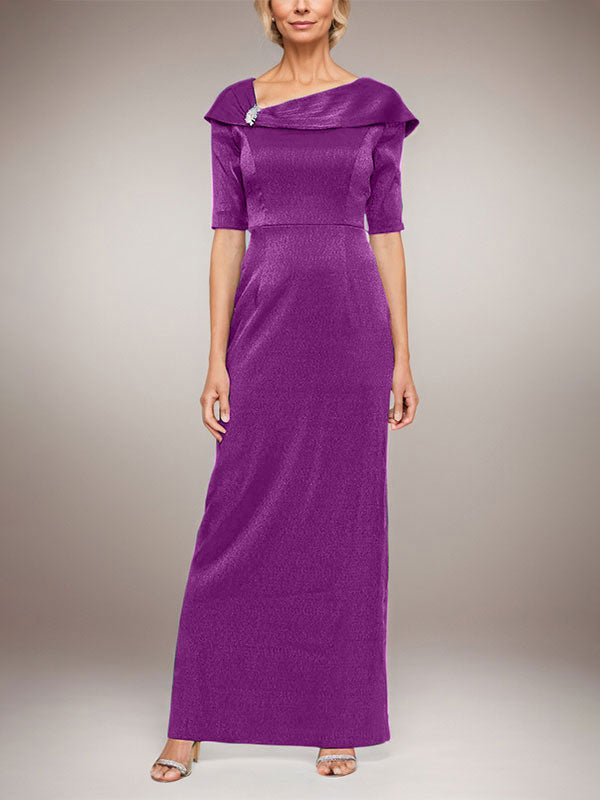 Langes schimmerndes Säulenkleid mit umgeschlagenem Ärmelbündchen, L-Ausschnitt und Ellbogenärmeln