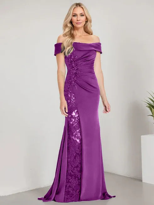 A-Linien Schulterfreies bodenlanges Brautmutterkleid mit Applikationen und Perlenbesatz Meerjungfrauenkleid mit hohem Schlitz