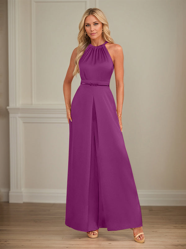 Jumpsuits Neckholder bodenlanges Satin Hochzeitskleid