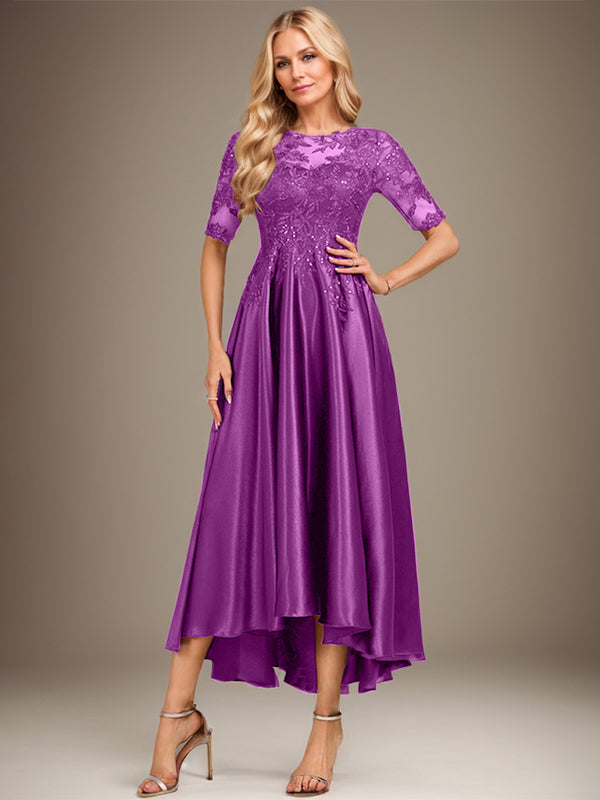A-Linie Rundhalsausschnitt Illusion Asymmetrisches Stretch-Satin-Spitzen-Brautmutterkleid mit Pailletten