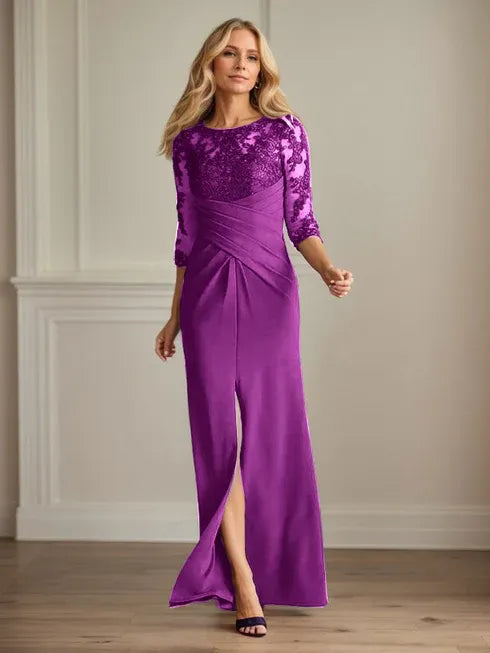 Pflaumenfarbenes eng anliegendes Spitzen Stretch Krepp Kleid für die Brautmutter