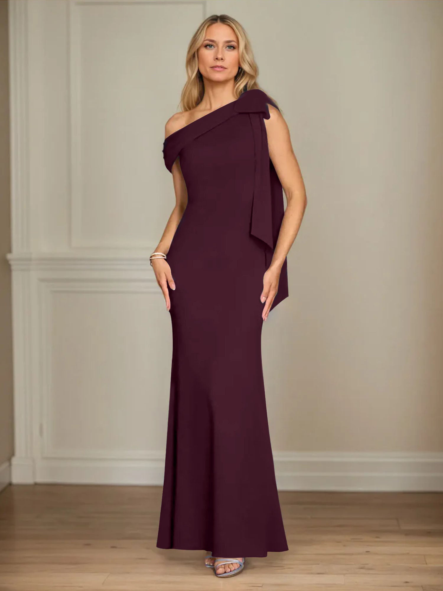 Trumpet/Mermaid Ein-Schulter Ärmelloses Stretch-Crêpe Kleid für die Brautmutter mit Schleife