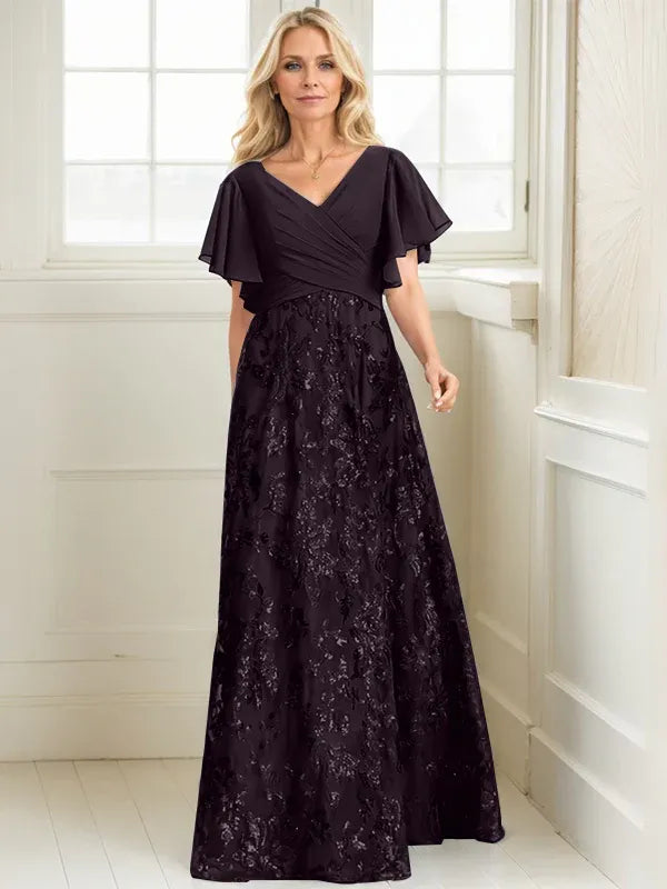 Vestido de madre de la novia en línea A con escote en V, largo hasta el suelo, encaje, lentejuelas y gasa plisada
