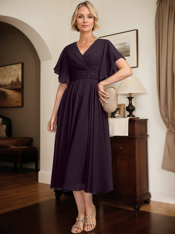 A-Linien Kleid mit V-Ausschnitt, tea-length Chiffon, Mutter der Braut mit plissierten Perlen