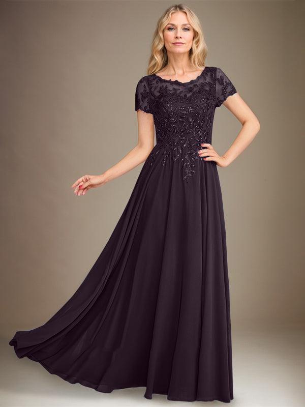 A-Line Scoop Floor-Length Chiffon Mother of the Bride Dress With Applique & Sequins