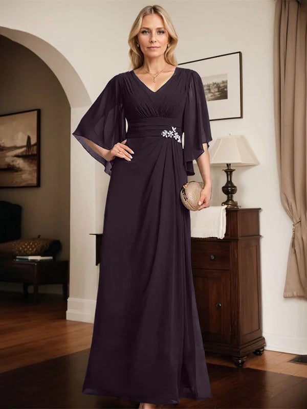 Etuikleid/Säule V-Ausschnitt bodenlanges Chiffon Mutter-der-Braut-Kleid mit plissierten Pailletten und Perlen