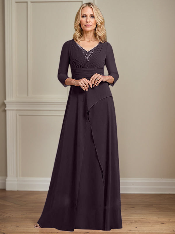 A-Linien Chiffon-Mutter-der-Braut-Kleid mit V-Ausschnitt, bodenlang, plissierte Perlenverzierung