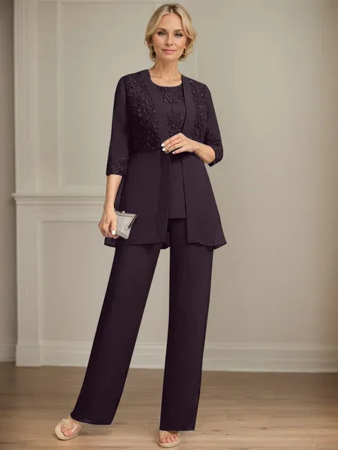 Combinaison/pantalon séparé en mousseline et dentelle, longueur au sol, col rond, robe mère de la mariée avec sequins