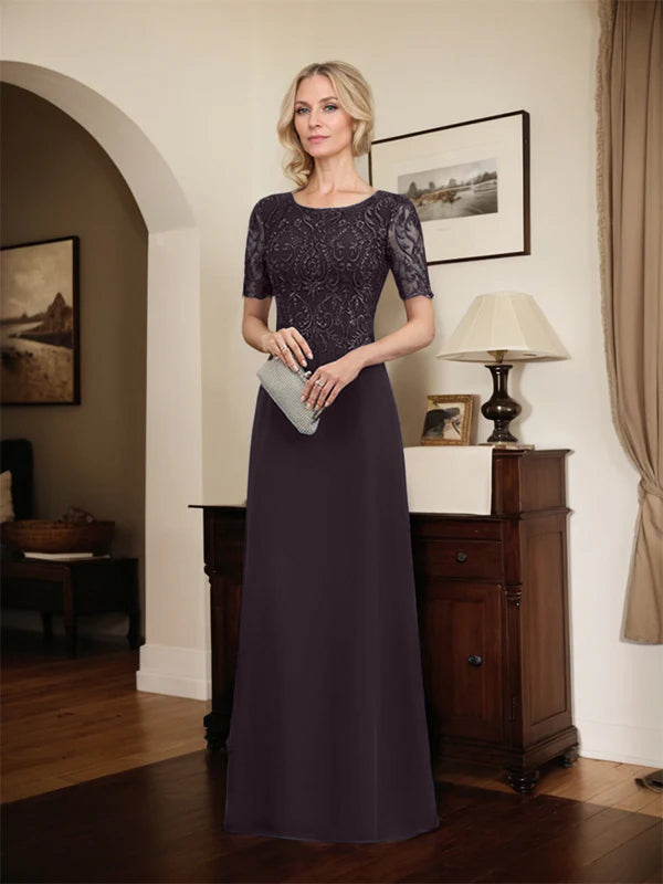 A-Linien Spitzen-Chiffon-Mutter-der-Braut-Kleid mit Rundhalsausschnitt, bodenlang und Pailletten