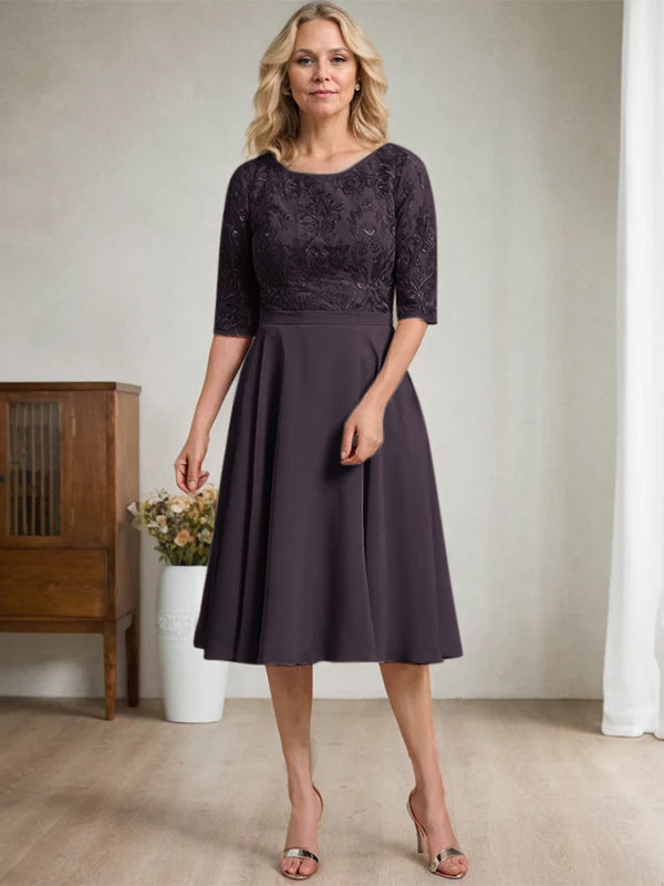 A-Linien Rundhalsausschnitt knielanges Spitzen-Chiffon Kleid für die Mutter der Braut