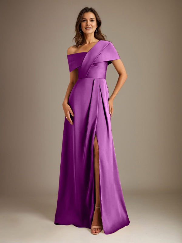 A-Linien asymmetrischer Ausschnitt bodenlanges Satin-Brautkleid für die Brautmutter mit Falten
