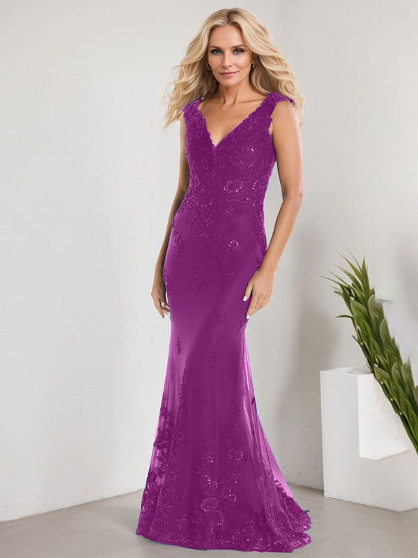 A-Linien V-Ausschnitt bodenlanges Spitzen-Chiffon Kleid für die Brautmutter mit Applikationen und Pailletten Meerjungfrauenkleid