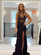 Robe de bal à corset en cristal, décolleté plongeant en V, fendue