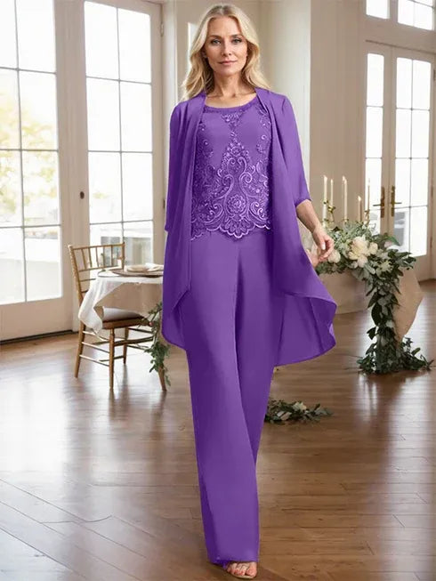 Zweiteiler Jumpsuit/Hosenanzug mit Rundhalsausschnitt, bodenlanges Chiffon-Spitzenkleid für die Mutter der Braut mit Perlen und Pailletten