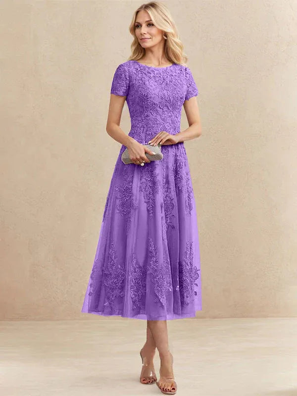 Robe de mère de la mariée A-line en tulle et dentelle, col arrondi, longueur thé