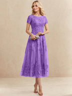 Robe de mère de la mariée A-line en tulle et dentelle, col arrondi, longueur thé
