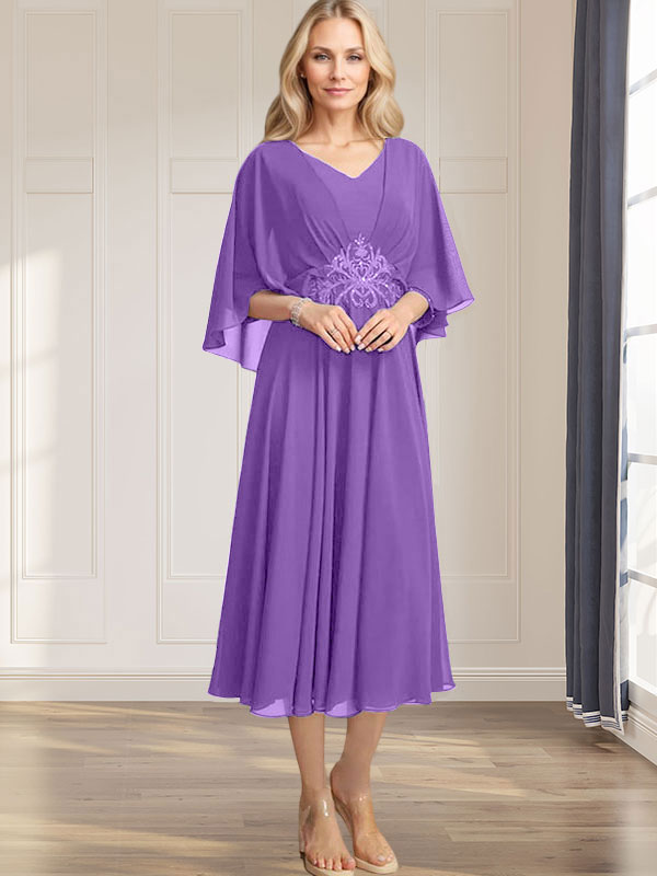 Robe de mère de la mariée en mousseline, longueur thé, col en V, en ligne A, avec appliques plissées, sequins, dentelle et perles